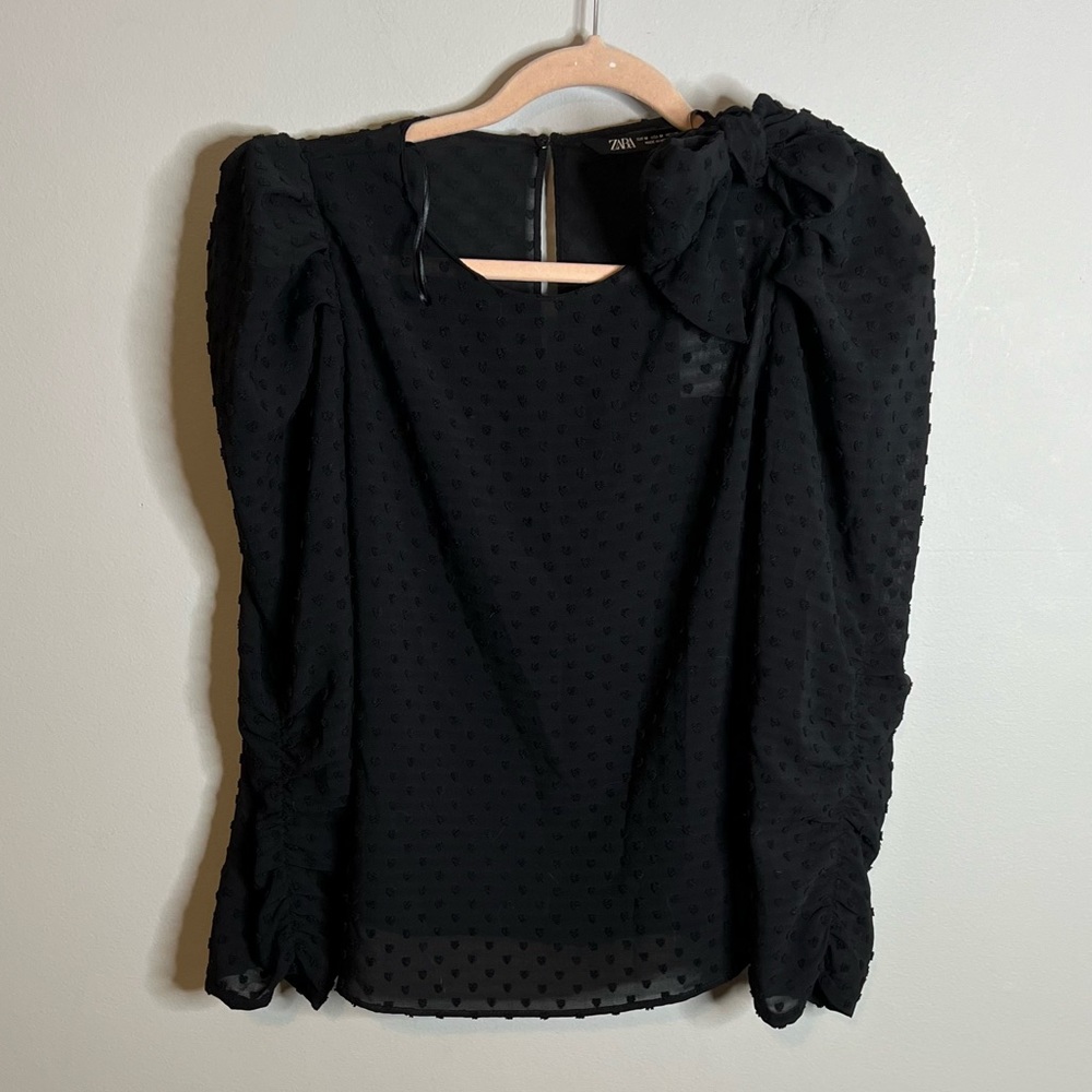 NWT Zara Black Crepe Dot Long Sleeve Top with Tie Shoulder